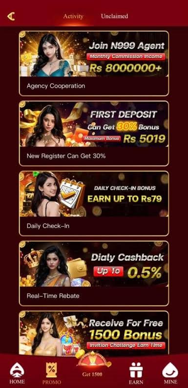 N999 Activity tab listing the Agent commission, first deposit 30% bonus, daily check-in, real-time cashback and 1500 invitation bonus