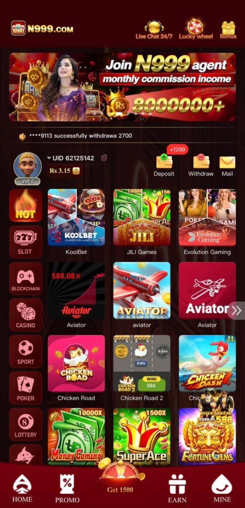 N999 home screen showing the Hot, Slot, Blockchain and Casino category icons plus Aviator and Chicken Road game tiles