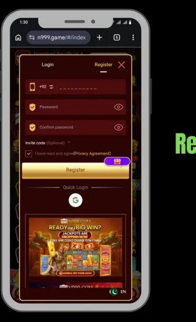 N999 register screen with mobile number, password and confirm password fields plus a Quick Login with Google option